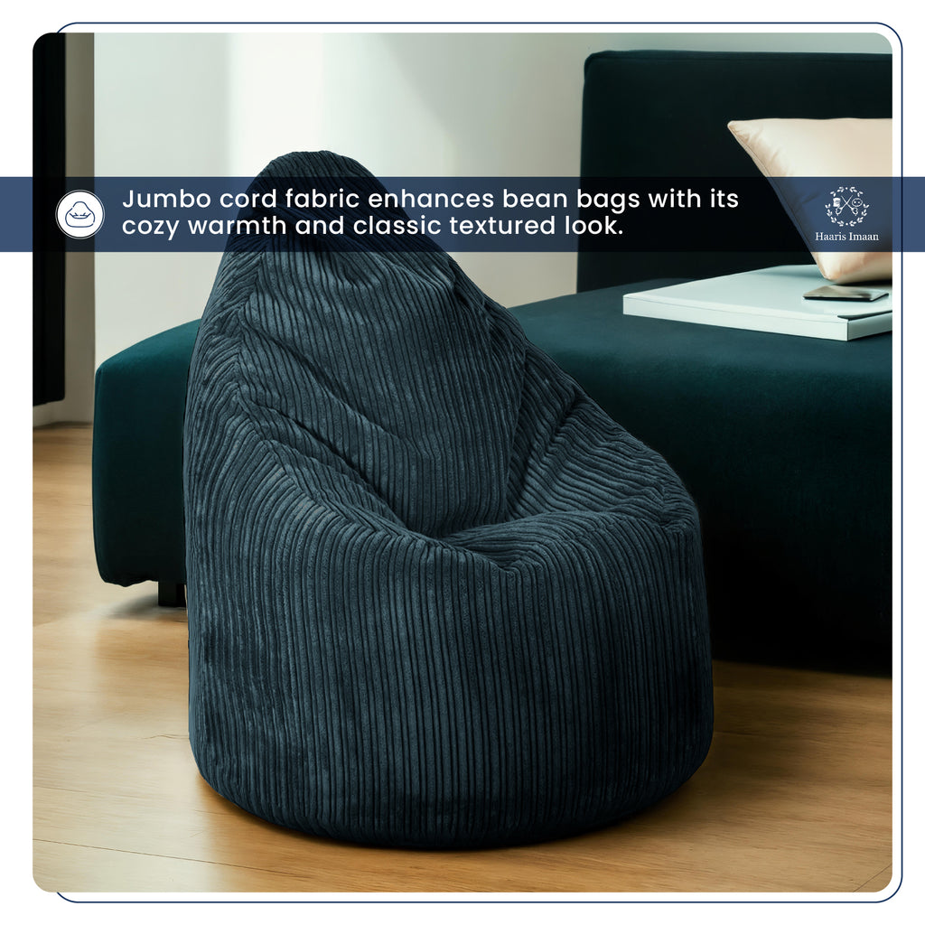 Beanbag made from black jumbo cord fabric, emphasizing its comfort and style.