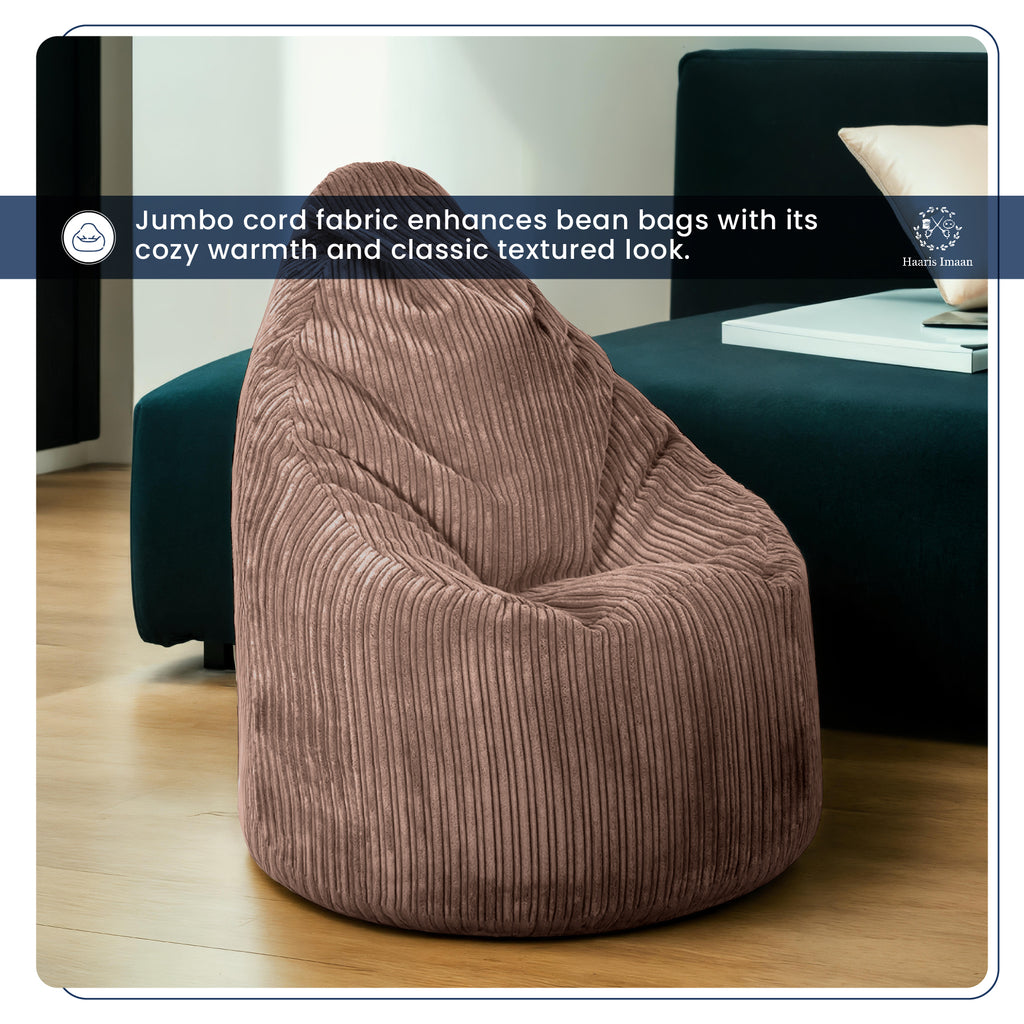 Beanbags made with mocha jumbo cord fabric, adding a stylish touch to the room.