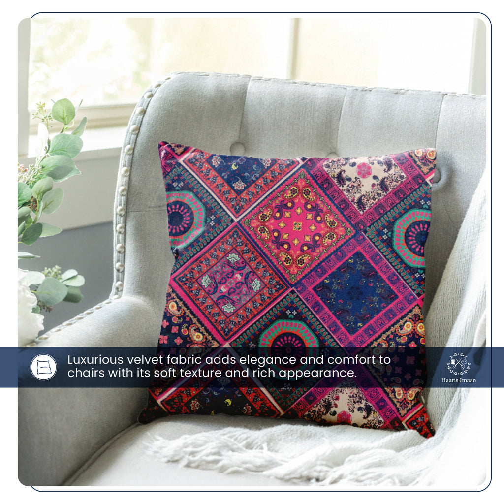 Cushions made from Bandana design velvet fabric, featuring vibrant prints and soft texture.