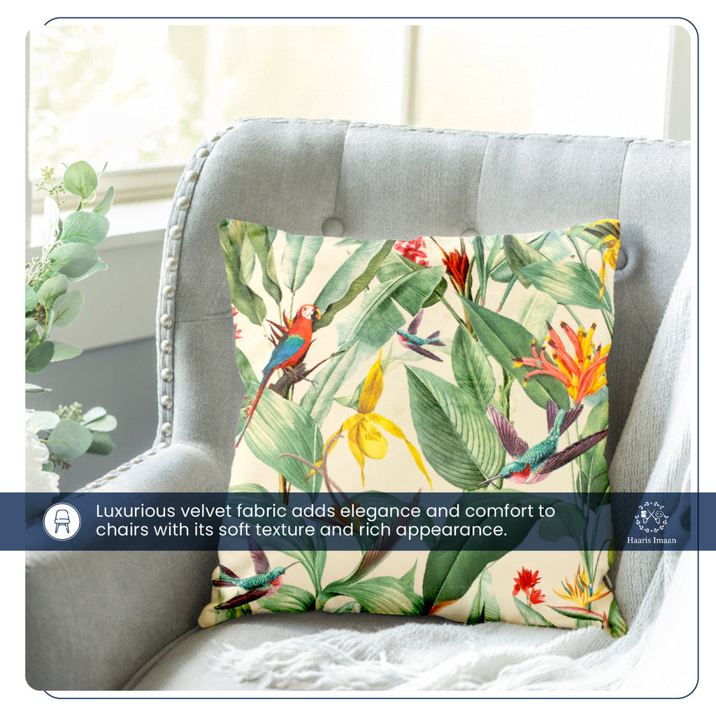 Cushion made from Birds of Paradise velvet fabric, emphasizing its luxurious softness and striking design.