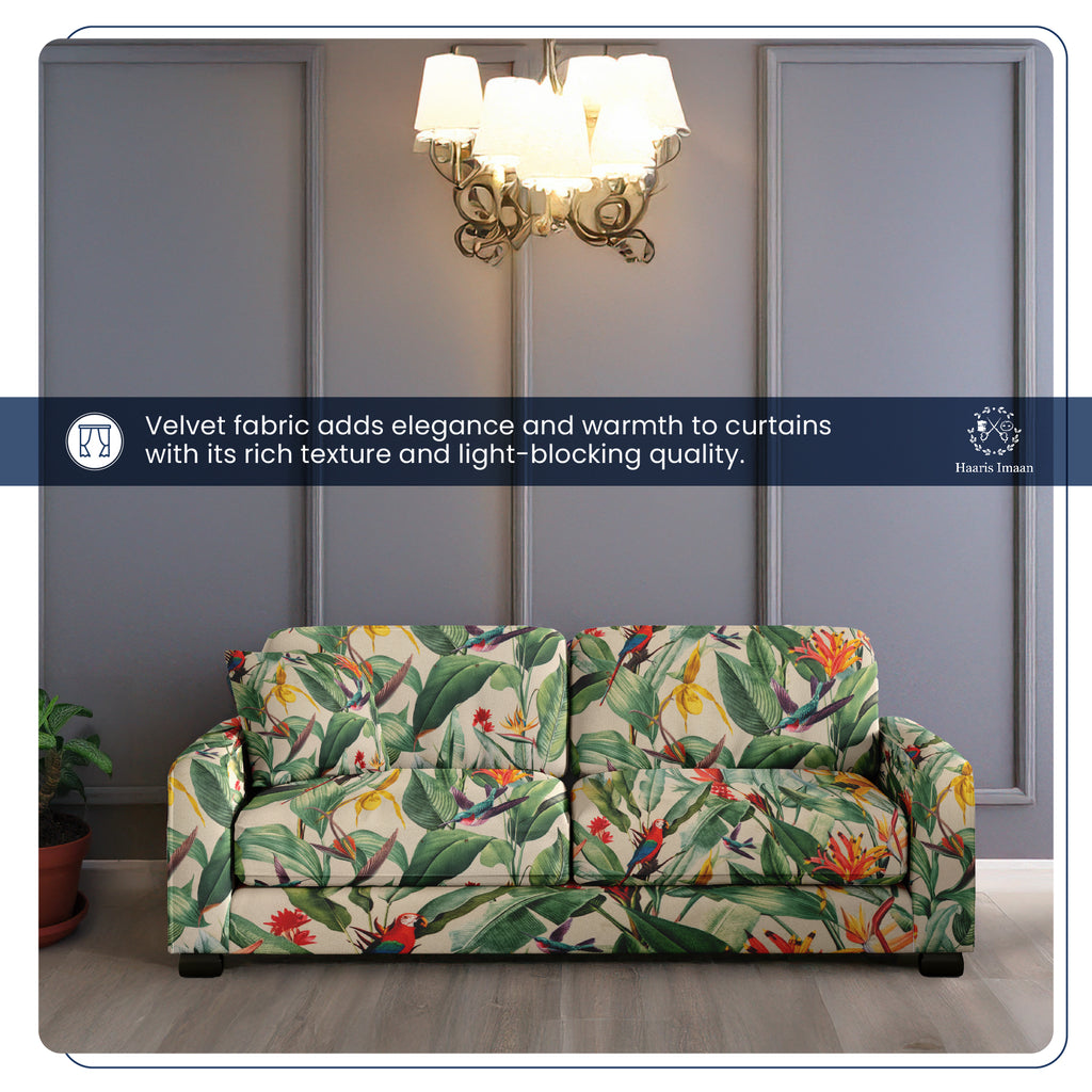 Roll of Birds of Paradise printed velvet fabric, ideal for various upholstery and soft furnishing projects.