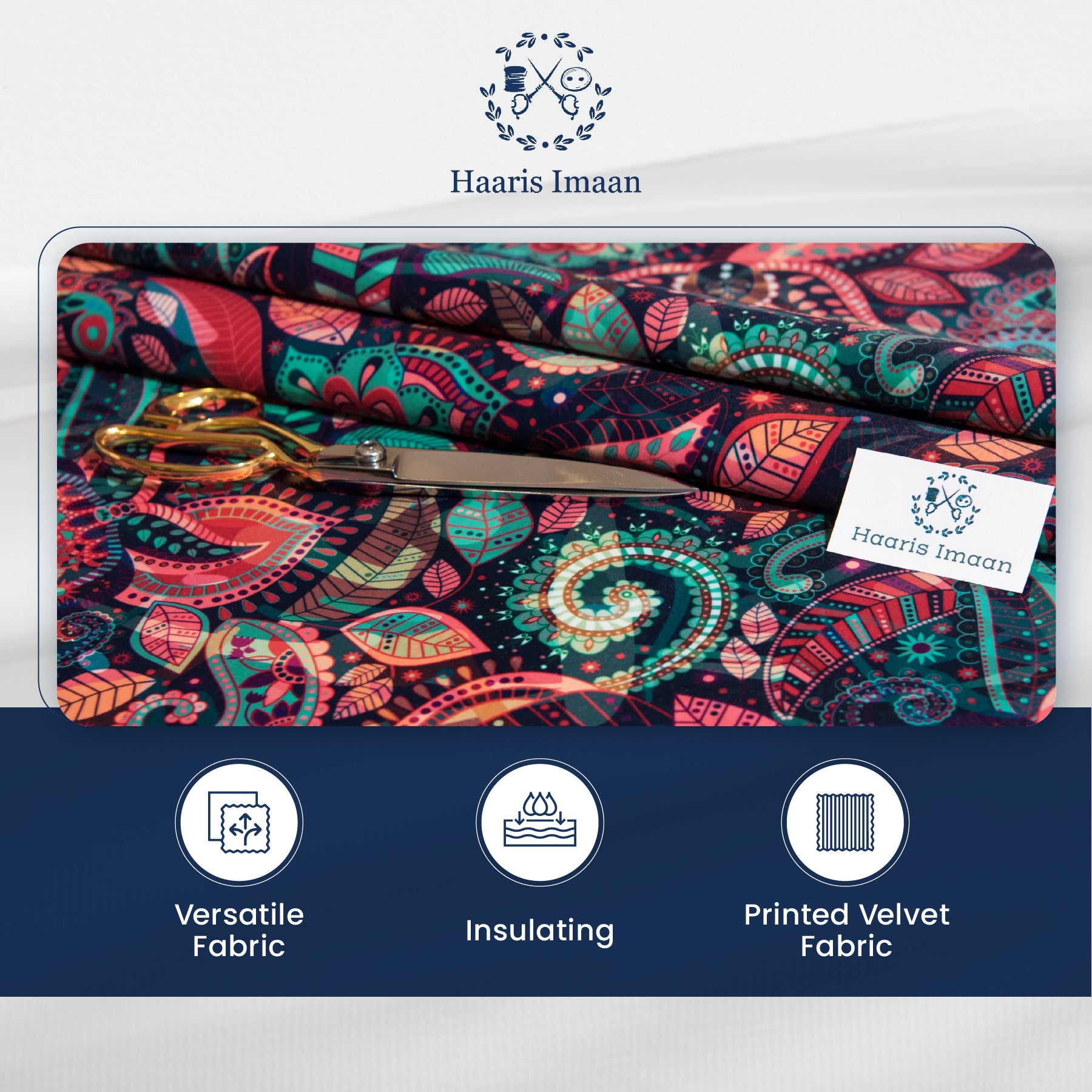 Sofa upholstered in Delhi printed velvet fabric, bringing elegance and sophistication to the room.