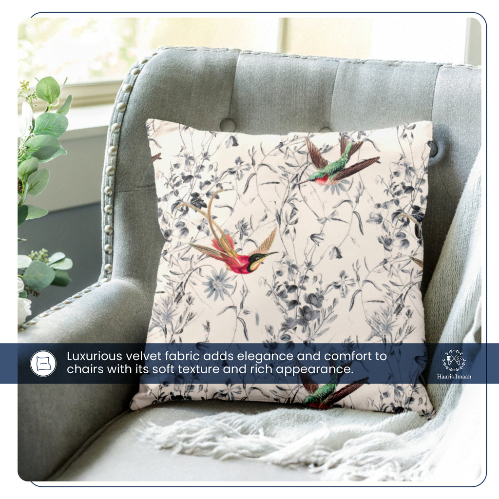 Cushion covered in soft velvet fabric with a Hummingbird design, showcasing its vibrant colors.