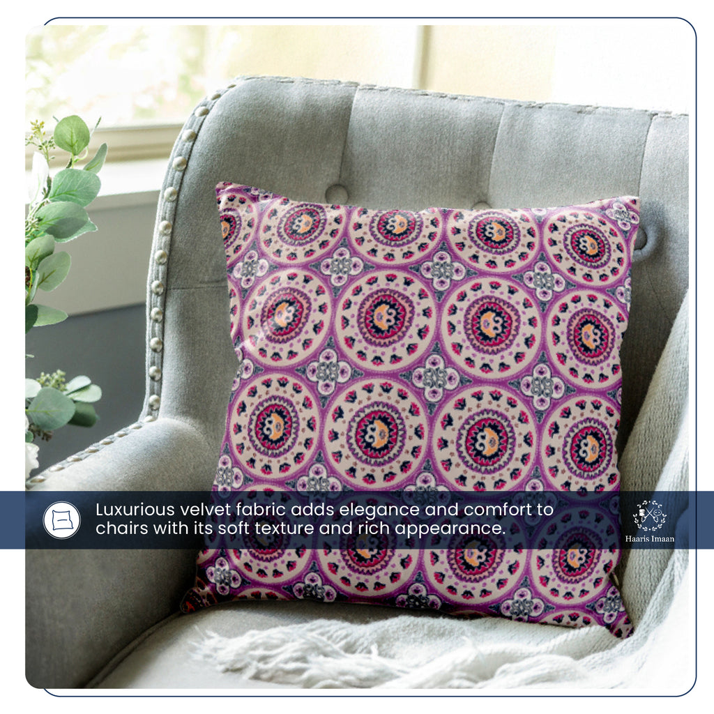 Cushions crafted from Madras design velvet fabric, highlighting its colorful and intricate appeal.