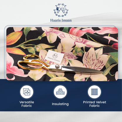 Velvet fabric with watercolour lilies pattern used on a living room sofa for a luxurious finish.