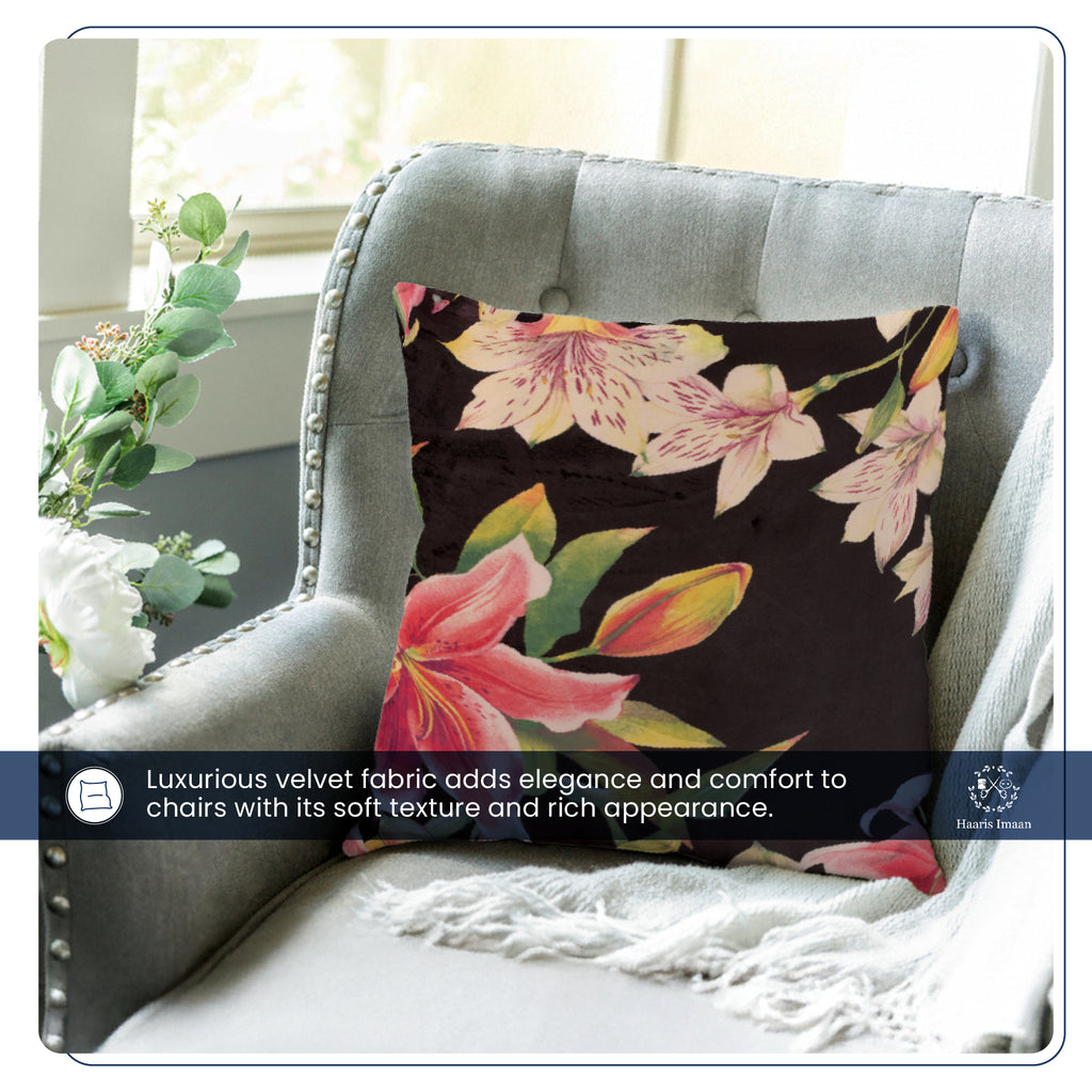 Cushion covered in soft velvet fabric with a watercolour lily design, highlighting its vibrant colors.