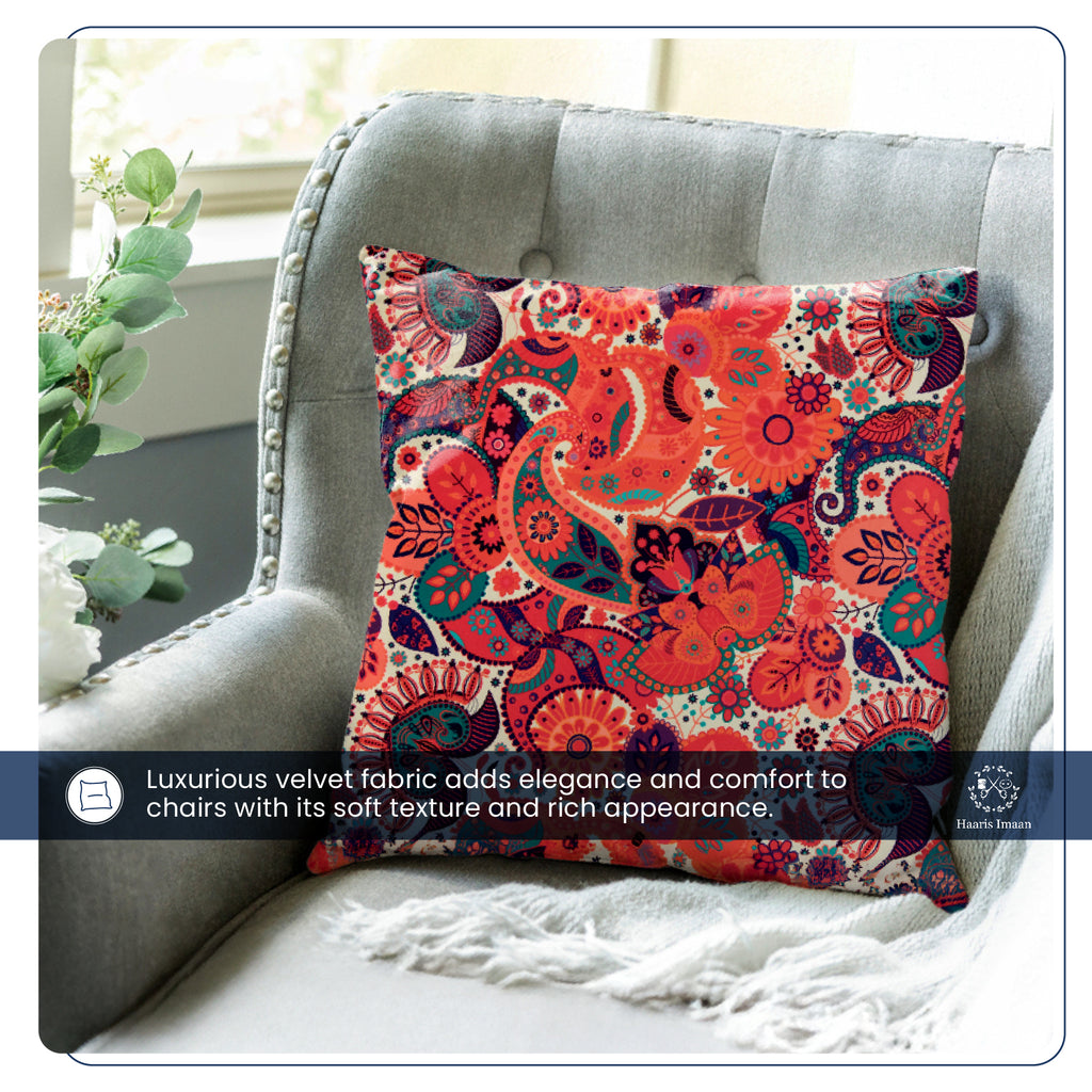 Cushions crafted from Madras design velvet fabric, highlighting its colorful and intricate appeal.