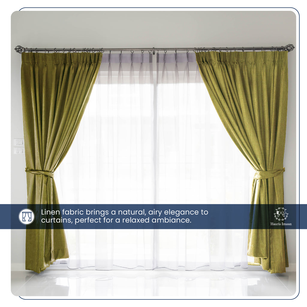 Curtains made from Olive linen look fabric, providing a soft, natural aesthetic to the room.