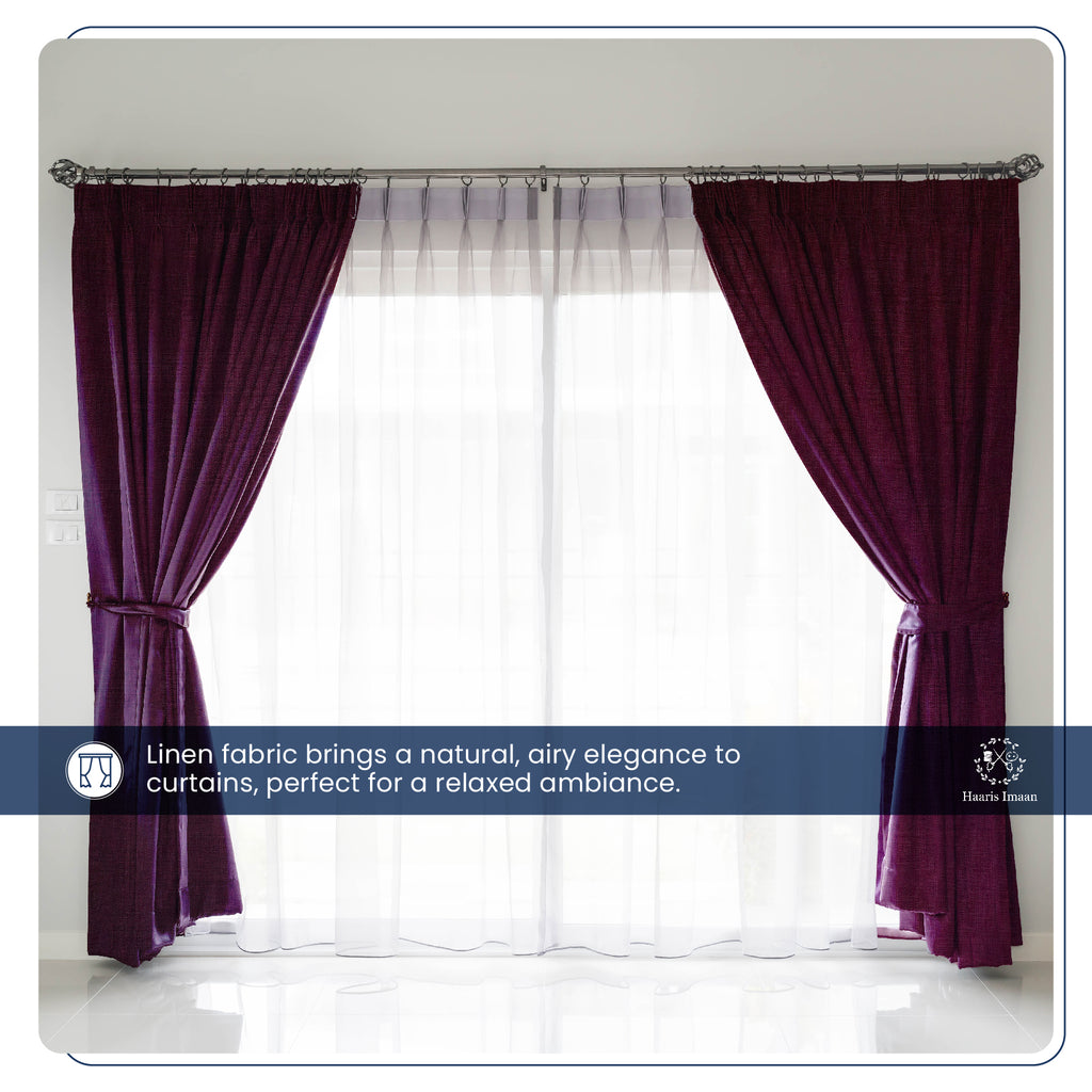 Curtains made from Plum linen look fabric, emphasizing the fabric's versatility.