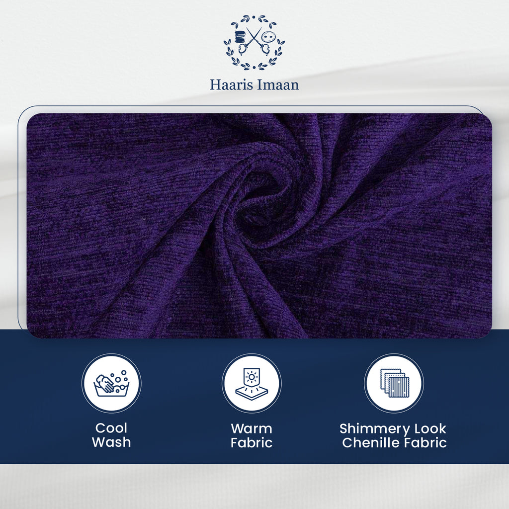 Sofa upholstered in purple chenille velvet, adding a rich, luxurious feel to a living room.