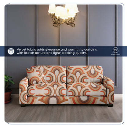 Roll of printed velvet fabric with a rainbow geometric design, ideal for upholstery projects.