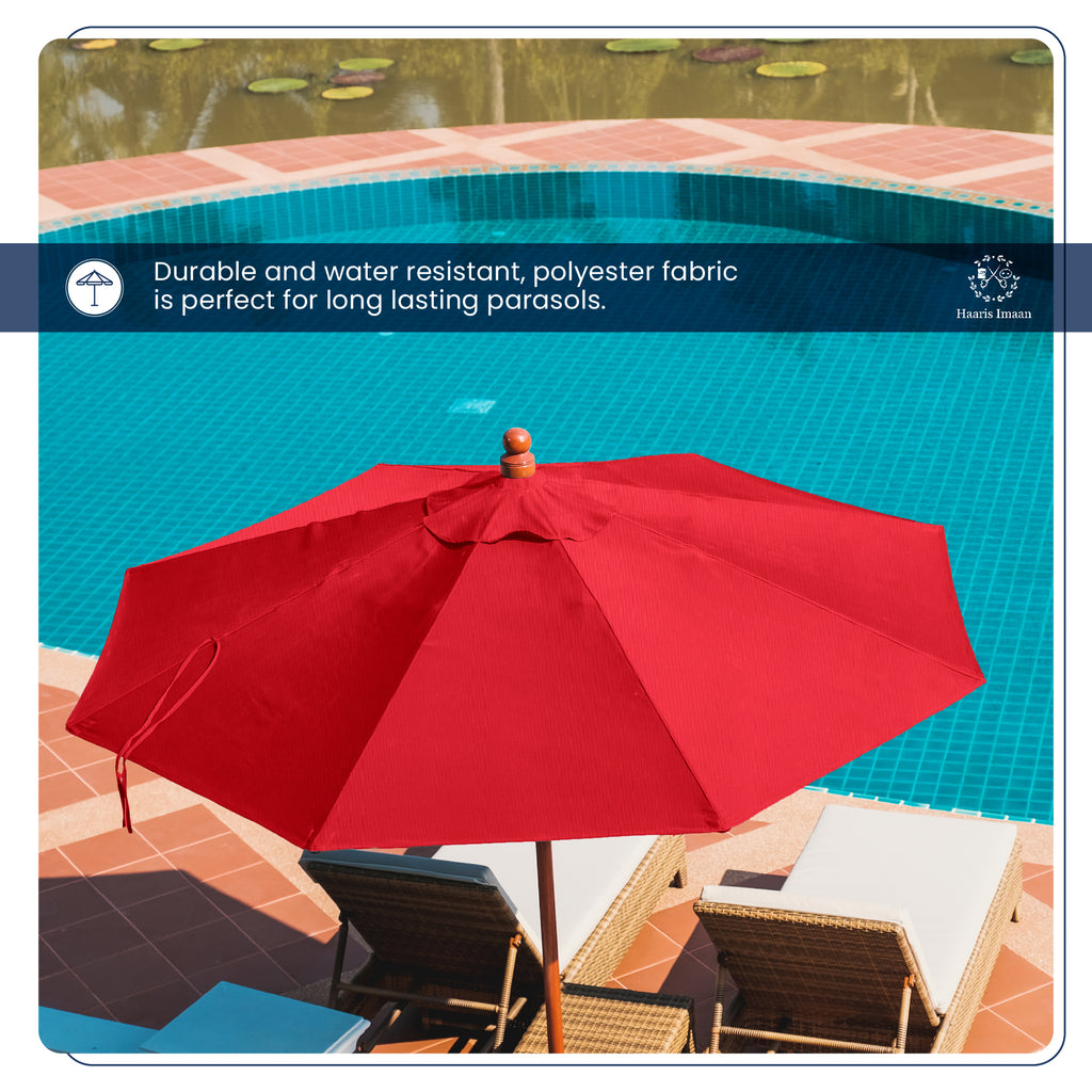 Roll of red water-resistant fabric, ideal for outdoor upholstery and furniture covers.