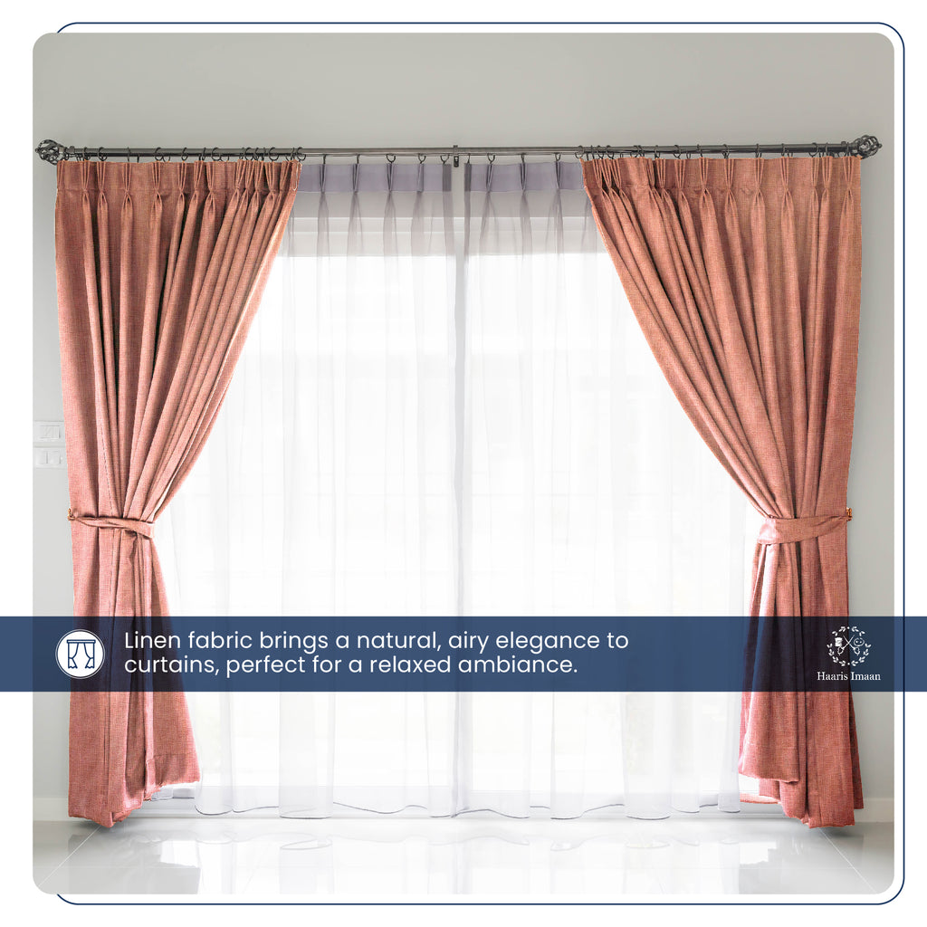 Curtains made from Salmon Pink linen look fabric, showcasing its elegant drape and color.