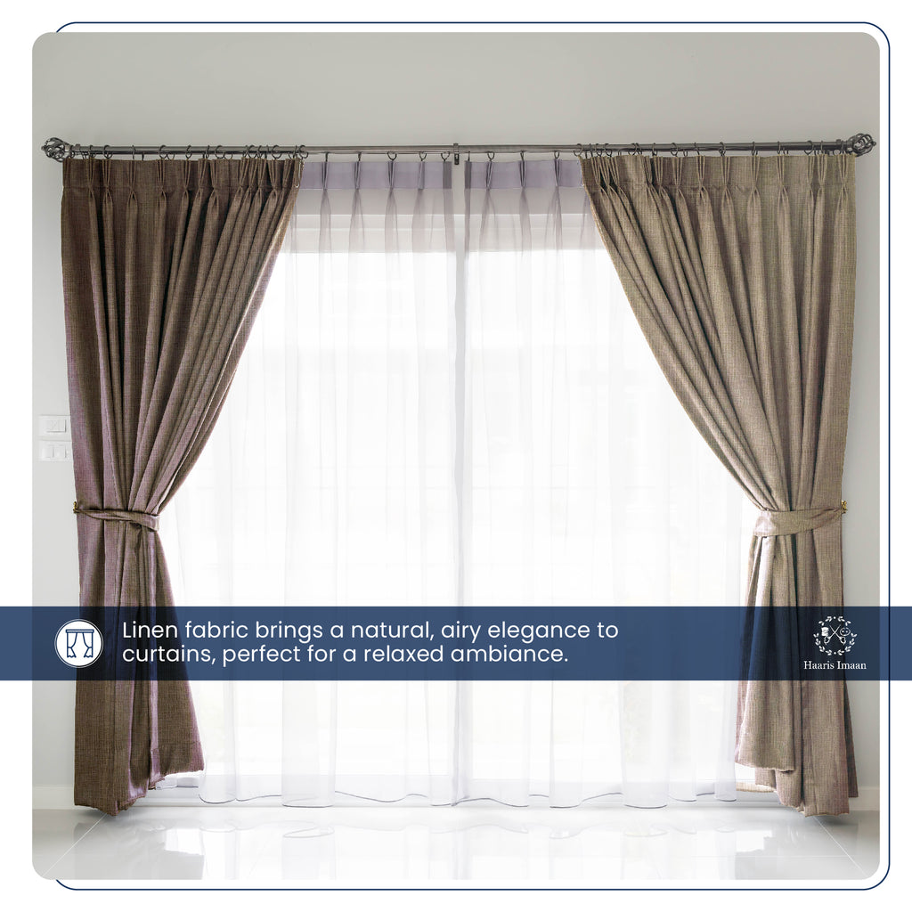 Draped curtains made from sand linen look fabric, emphasizing its breathable and luxurious qualities.