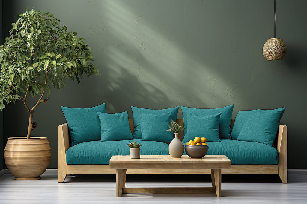 Cushion made from Wool Effect Fabric in Teal, adding a stylish and cozy touch to any interior.