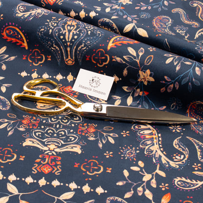 Close-up of Sultan design printed velvet fabric, showcasing its rich texture and vibrant pattern.